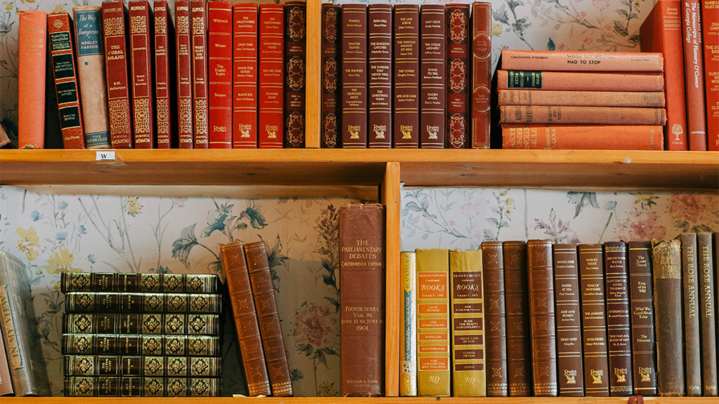 Books of various colors on bookshelves