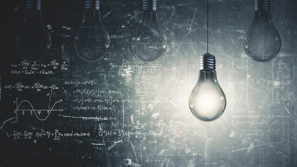 Glowing lamp and mathematical formulas on chalkboard. Solution concept. 3D Rendering