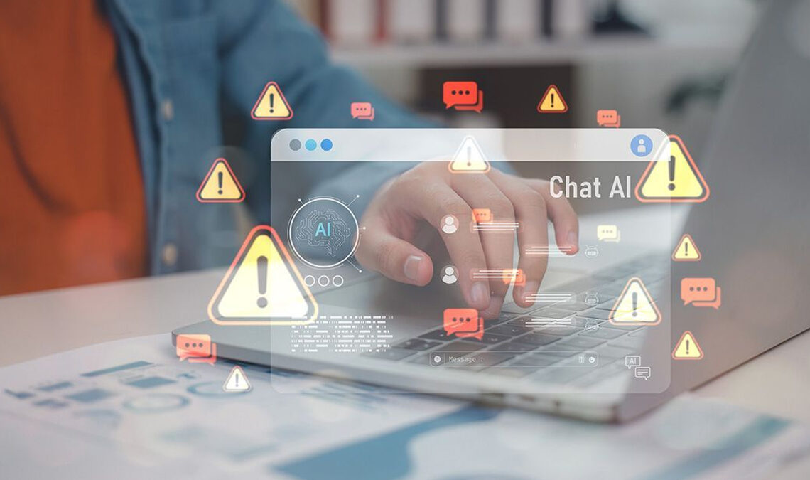 AI alert icons over hand typing on laptop